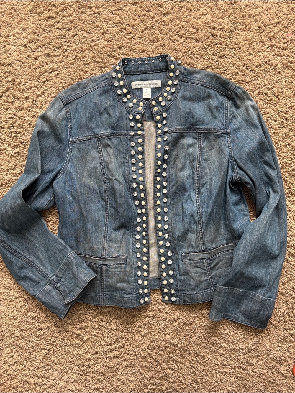 Chico's Blue Denim Jacket with Pearl-Like Studs
